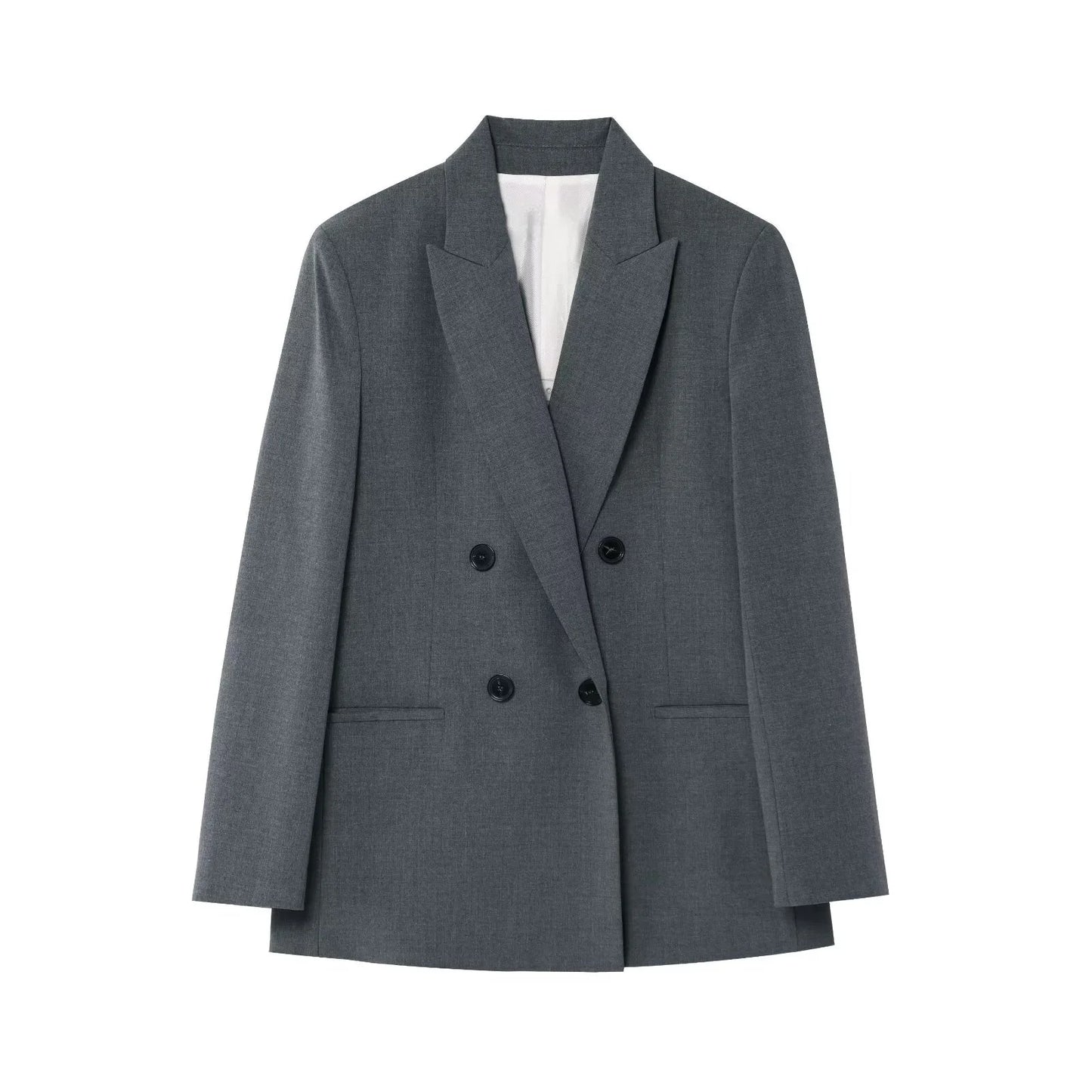 Blazer feminino 2025 com lapela, mangas longas e ombreiras, modelo de paletó double-breasted (com dois botões na frente), jaqueta para o dia a dia, soltinha e versátil.