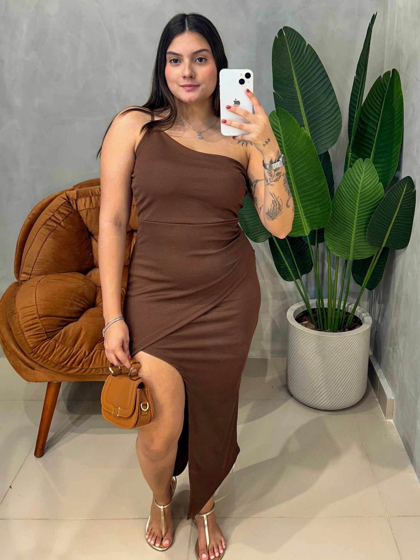 Vestido Midi em Ribana Alça Única Transpassado Roberta